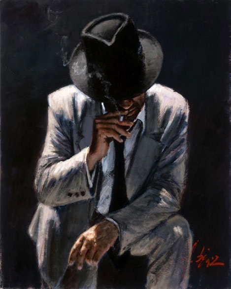 Smoking Under the Light in White Suit, by Fabian Perez